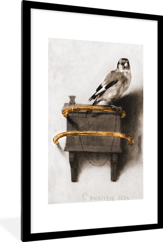 MuchoWow MuchoWow Gerahmtes Poster Der Stieglitz - Carel Fabritius 60x90 cm - Poster mit zchwarzem Bilderrahmen - Dekoration - Wandposter Wohnz...