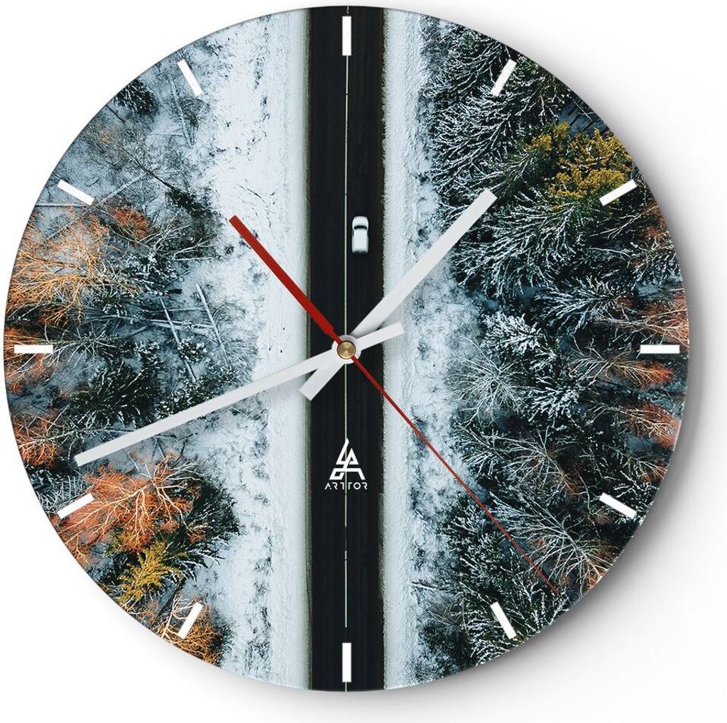 Wanduhr - Rund - Glasuhr - Wald Weg Schnee - 30x30cm - Schleichendes Uhrwerk - Lautlos - zum Aufhängen bereit - Dekoration Modern - Wanddekoration...
