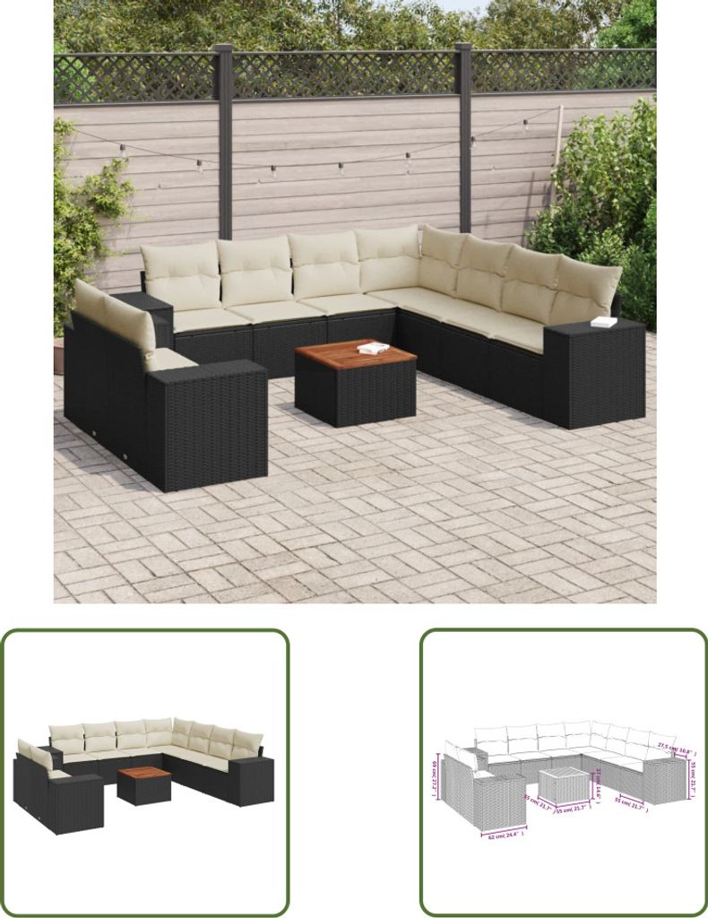 The Living Store 10-tlg. Garten-Sofagarnitur mit Kissen Schwarz Poly Rattan