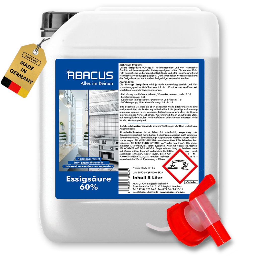 ABACUS 1x 5L Essigsäure 60% Hochkonzentriert für Haushalt, Garten & Industrie Vielseitig einsetzbar als Essigreiniger zum Reinigen & Entkalken