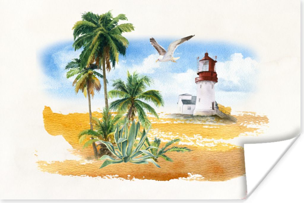 MuchoWow Poster Leuchtturm - Palme - Strand 60x40 cm - Schlafzimmerdekoration