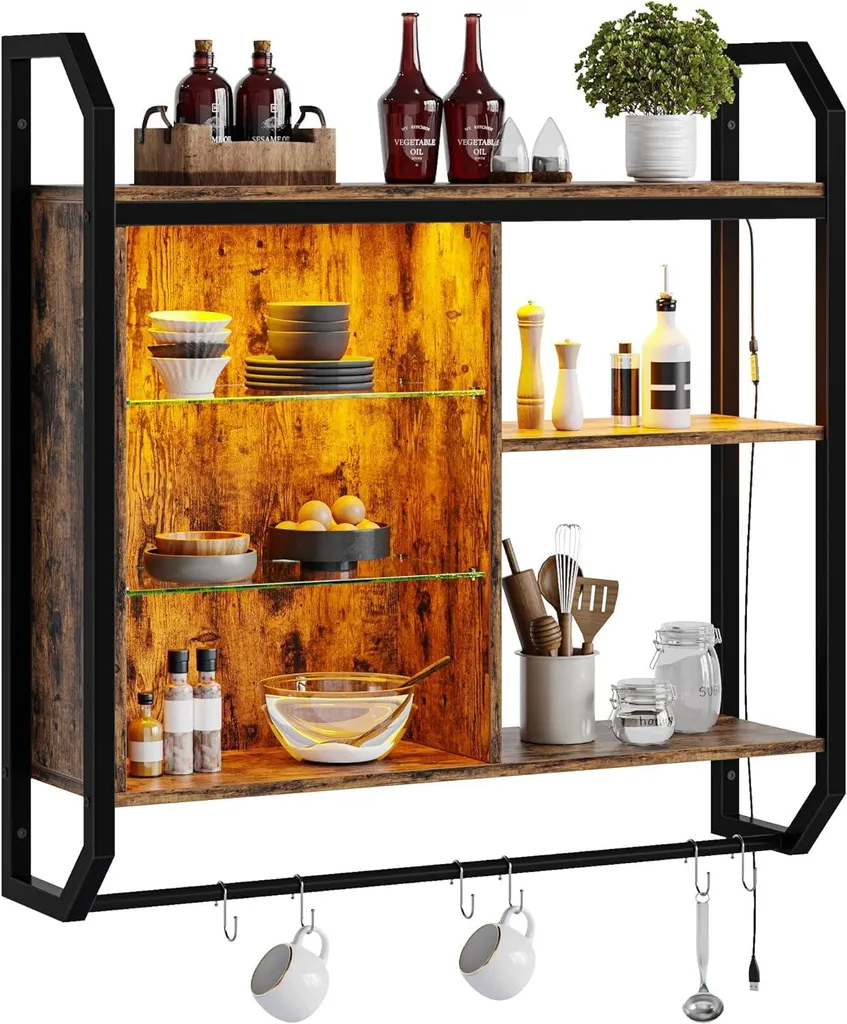 Rangement Mural 84 cm pour Cuisine - Étagère avec 6 Crochets en S et Verre