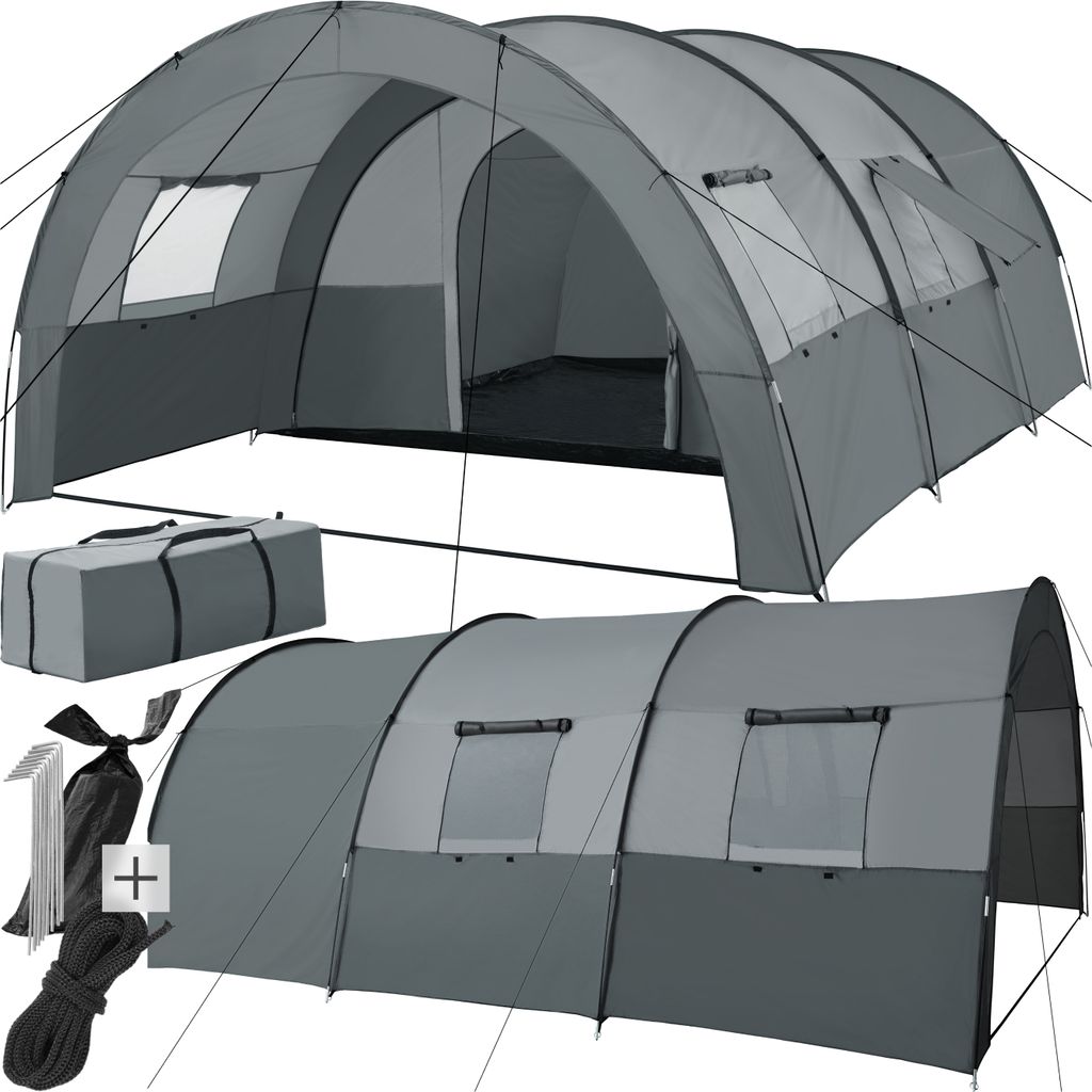 A collage of images showing a large tunnel tent and its accessories.
