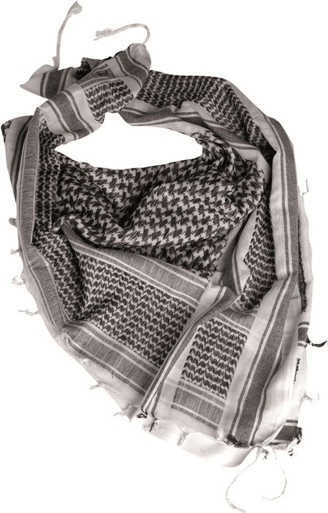 A black and white patterned scarf laid out on a white background.