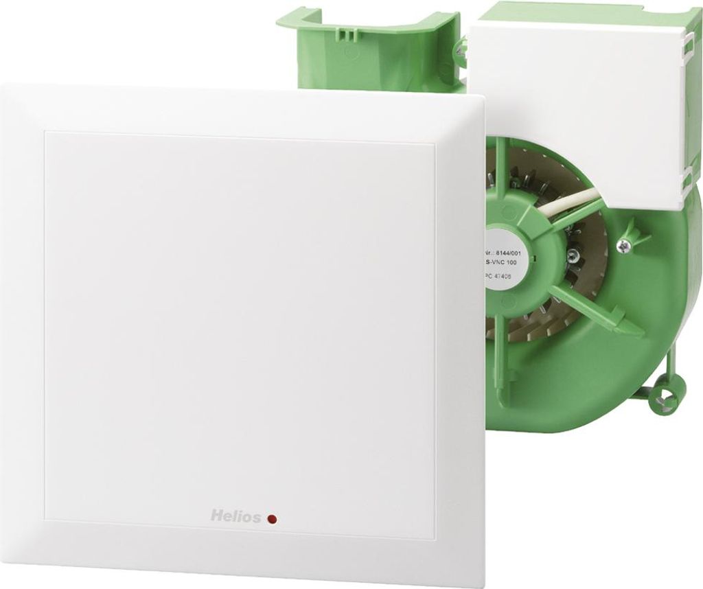 A white ventilation unit with a green fan component is shown against a white background.