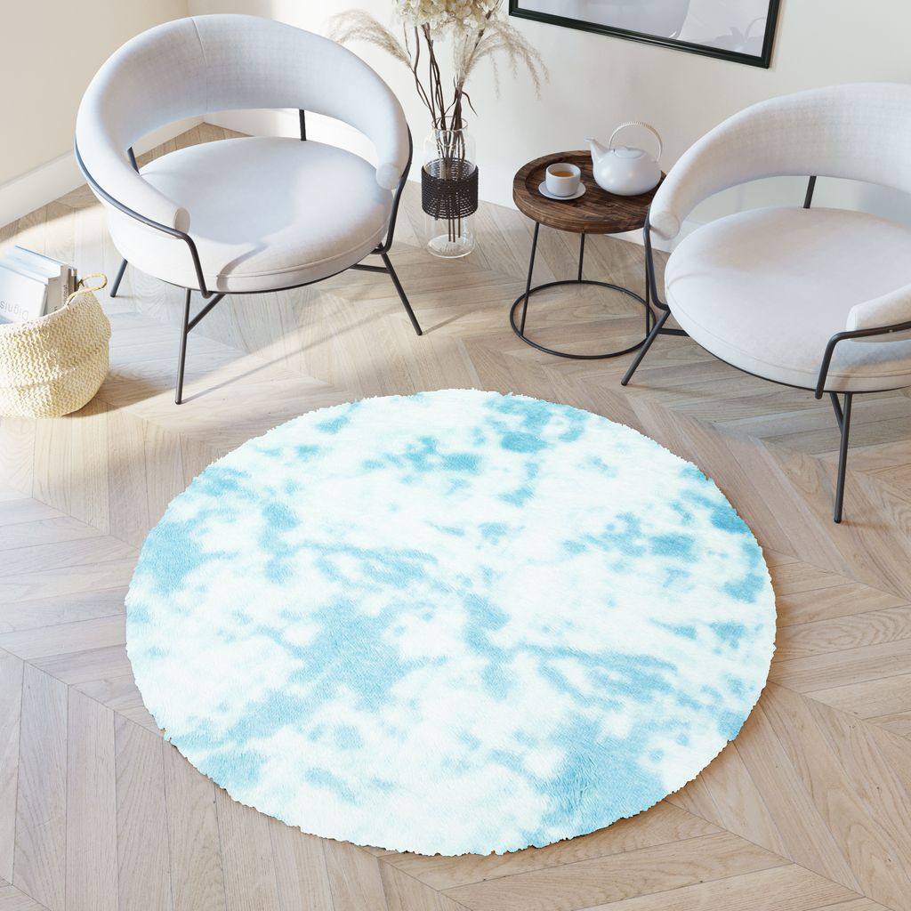 Teppich Rund Kurzflor Wohnzimmer Schlafzimmer Blau Gefärbt Modern Abstrakt Meliert Design 130 x 130 cm
