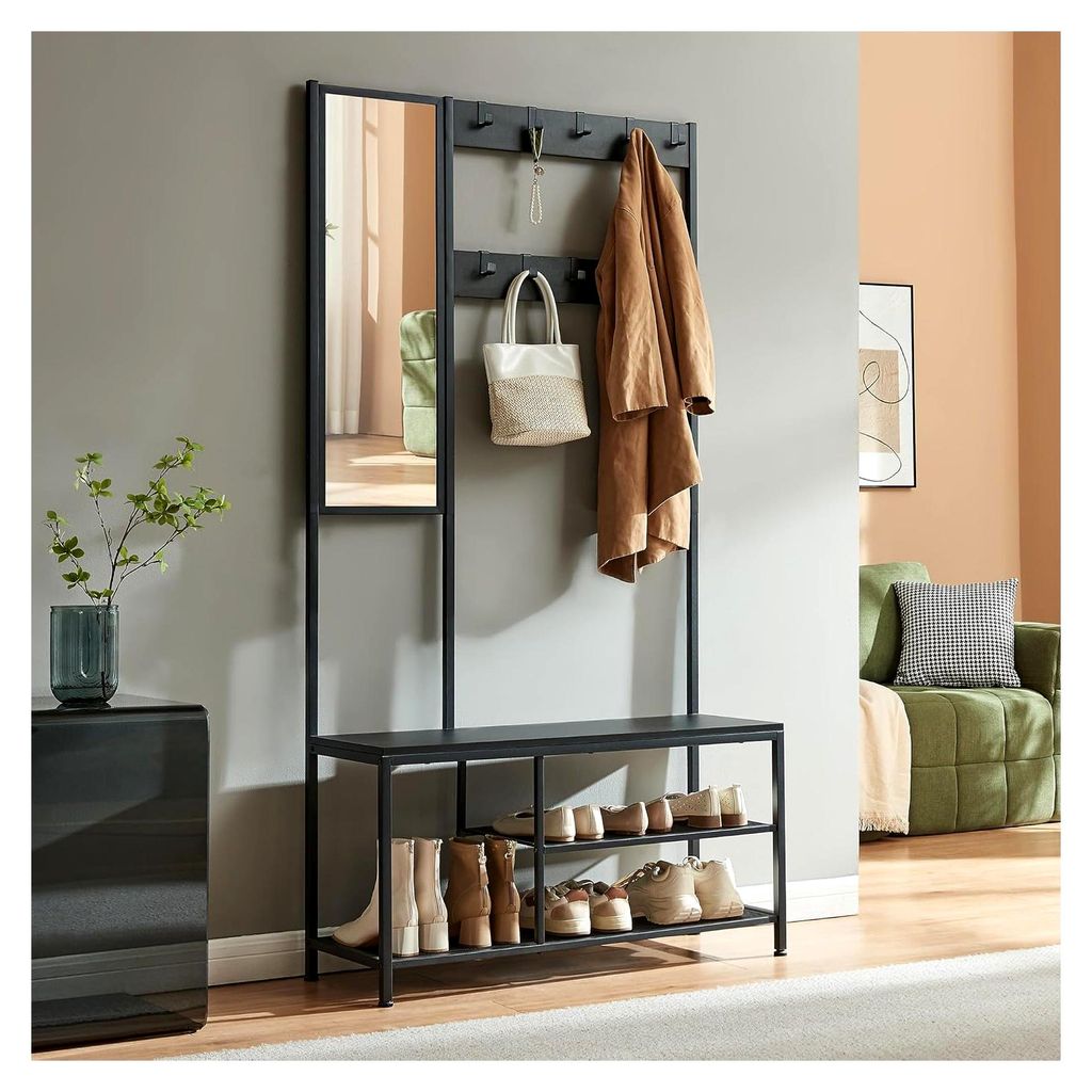 Garderobe Napinerg Flurgarderobe 185 x 98 x 34 cm mit Spiegel, Schuhregal und Sitzbank, Kompaktgarderobe Schwarz