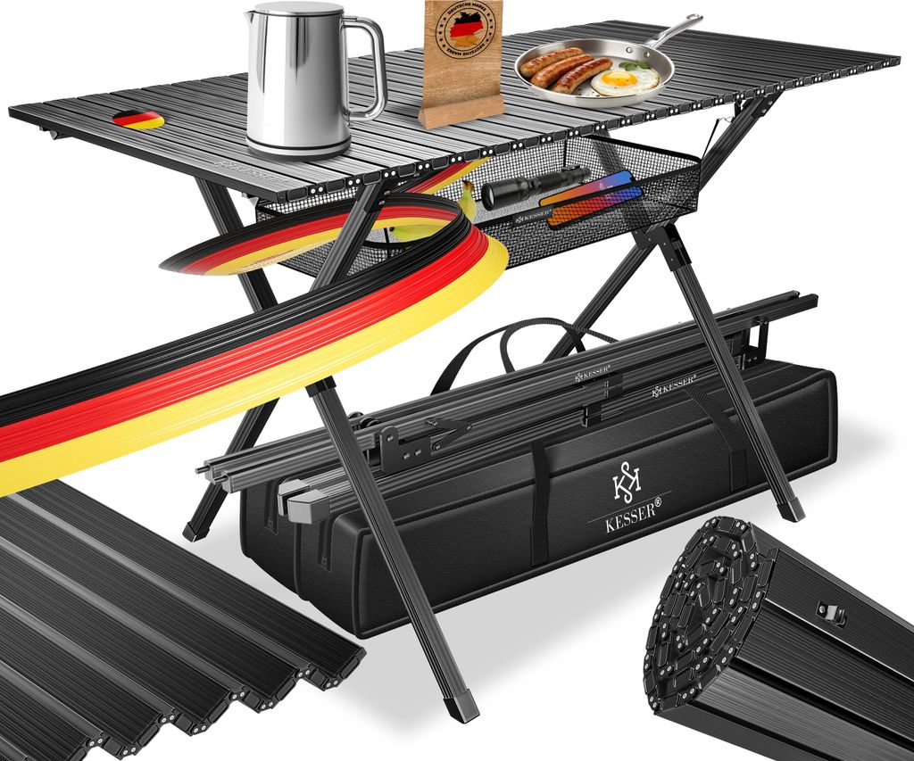 KESSER Campingtisch Klapptisch faltbar 145x70cm bis 100kg mit Aluminium-Rahmen & Aufrollbare Tischplatte inkl. Tragetasche mit Trageband & Netzta...