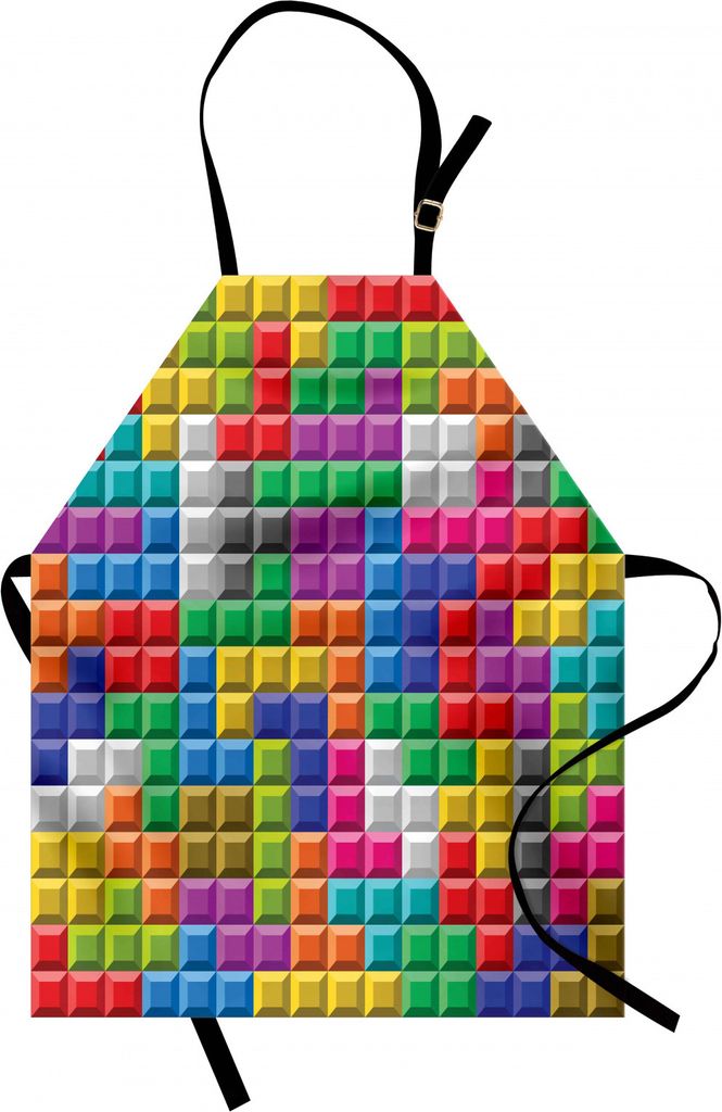 ABAKUHAUS Videospiele Kochschürze, Bunte Retro Gaming Computer Brick Blocks Bild Puzzle Digital 90er Spielen, Farbfest Höhenverstellbar Waschbar ...