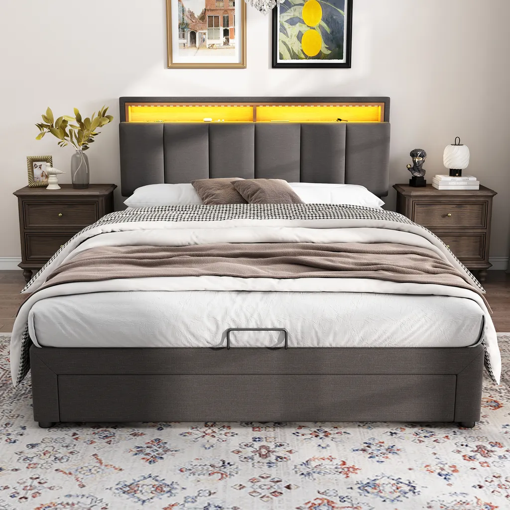 Lit Double 140x200cm Boxspring Hydraulique en Lin avec LED Design - 10