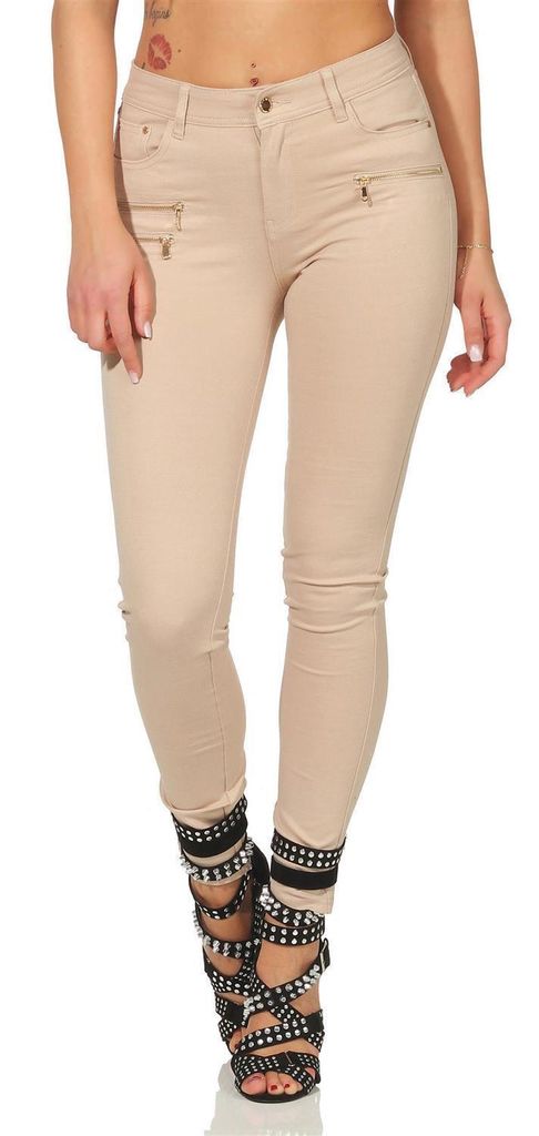 Treggings Jeggings Hüfthose Stretch Slimfit mit Taschen Hose; Beige XL