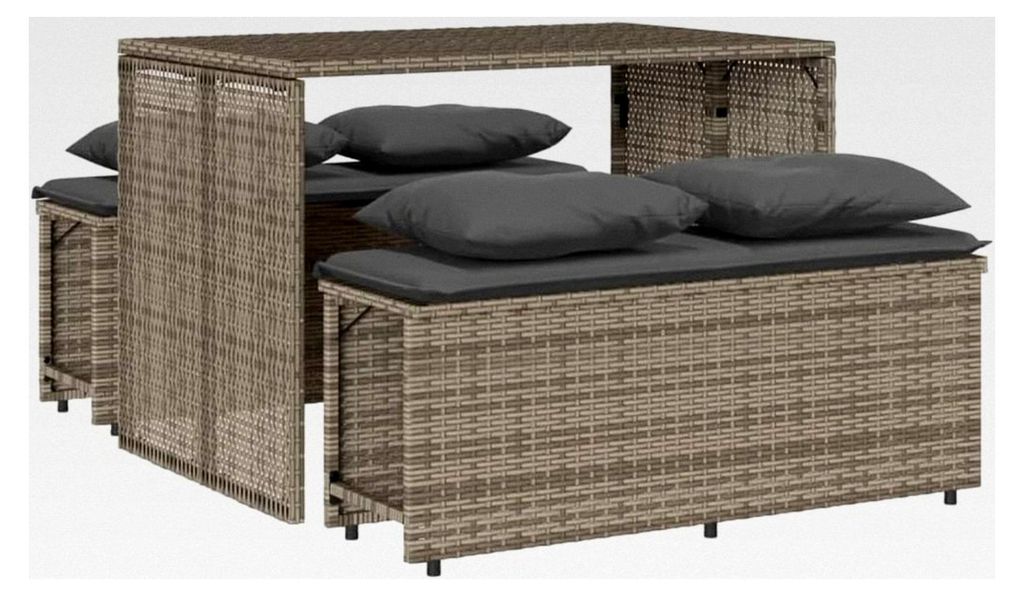 Garten Essgruppe 3-teilig, Gartengarnitur mit Kissen, Sitzgruppe für Garten und Terrasse, Gartentisch und Gartenbank, Grau Poly Rattan