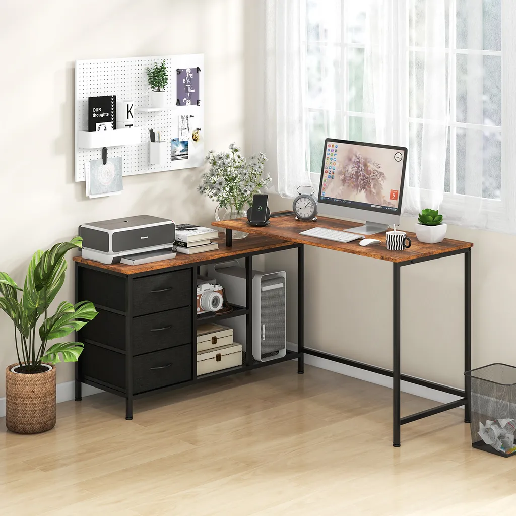 Bureau d'angle réversible 205cm : Solution rangement + Prises 3 tiroirs - 2