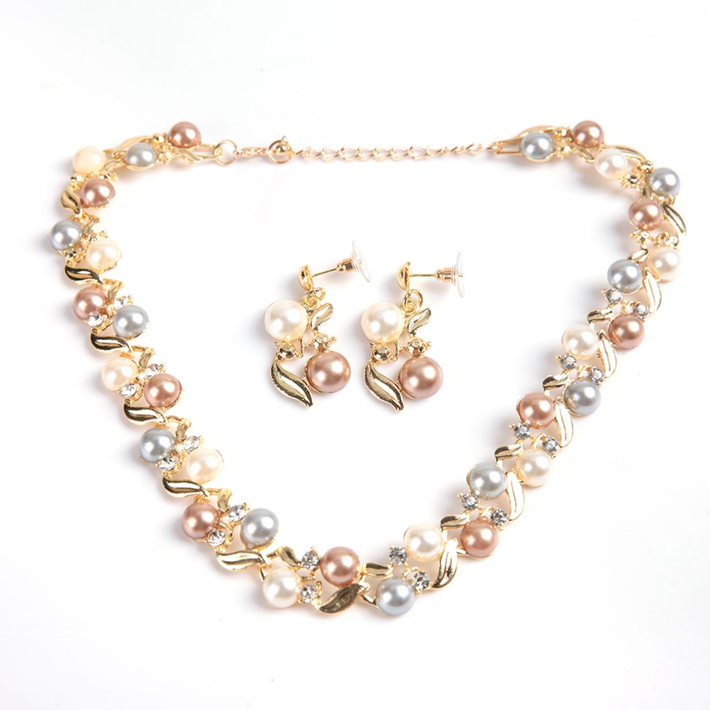 Frauen Faux Perle Halskette Ohrringe Set Brautschmuck Set mit Strass (Gold)