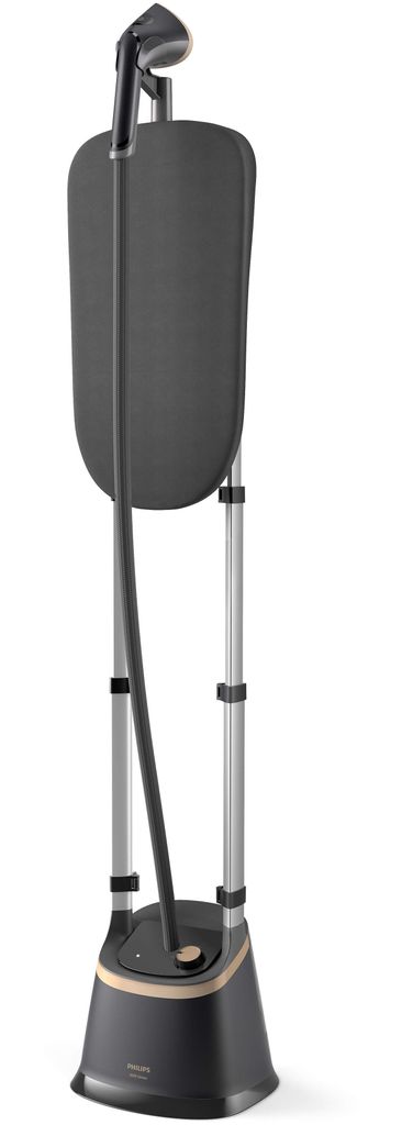 A garment steamer with an integrated ironing board.