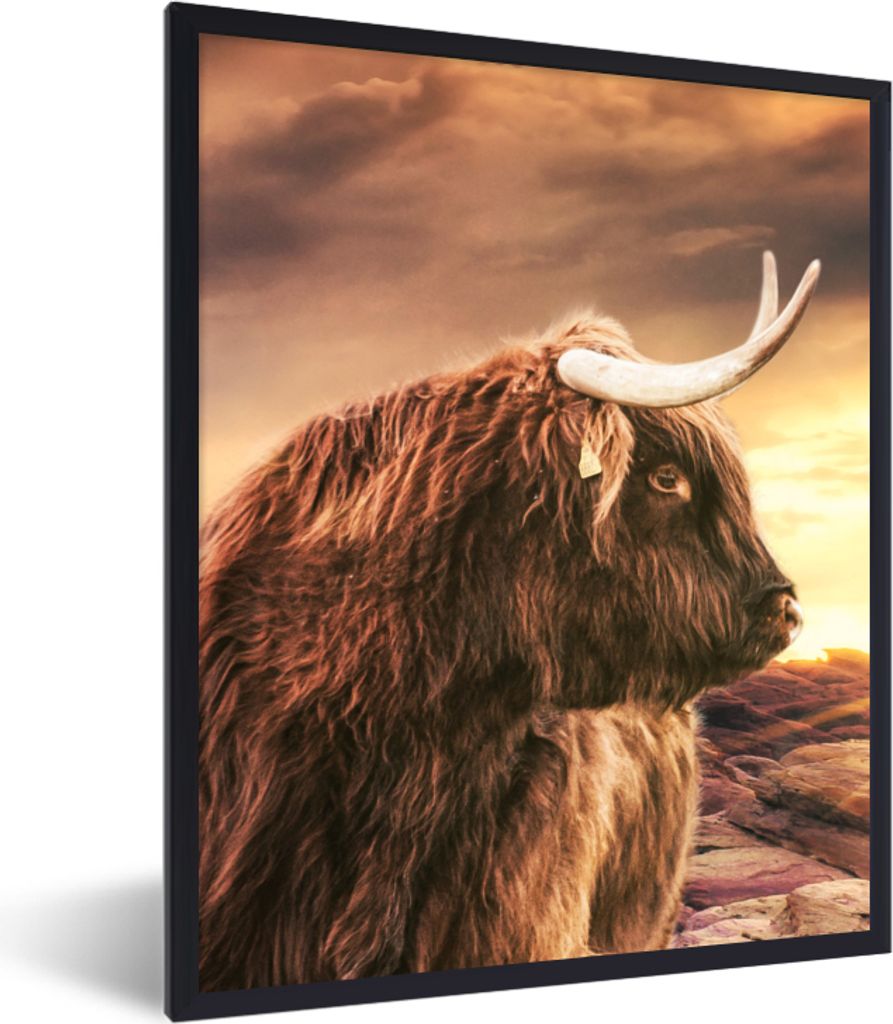 MuchoWow Gerahmtes Poster Schottischer Hochländer - Sonne - Horizont - Kuh - Tiere 30x40 cm - Poster mit Schwarzem Bilderrahmen Wandposter Rahme...
