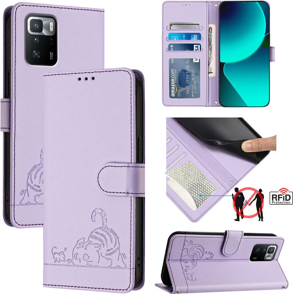 Leder Hülle für Xiaomi Poco X3 GT Süße Katze Flip Case Brieftasche Schutzhülle mit Standfunktion Lila