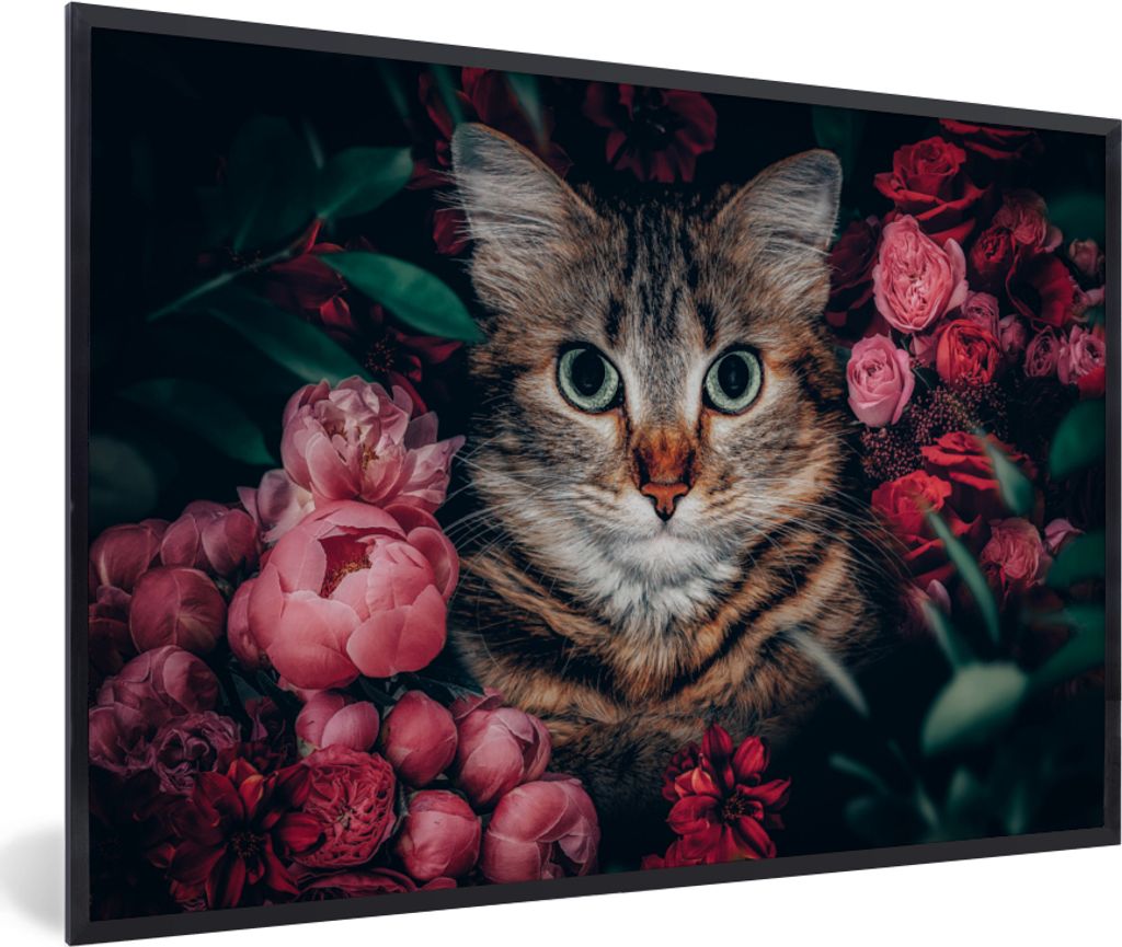MuchoWow Gerahmtes Poster Katze - Blumen - Tiere - Botanisch 60x40 cm - Poster mit Schwarzem Bilderrahmen Wandposter Rahmen Foto Bilder - Printin...