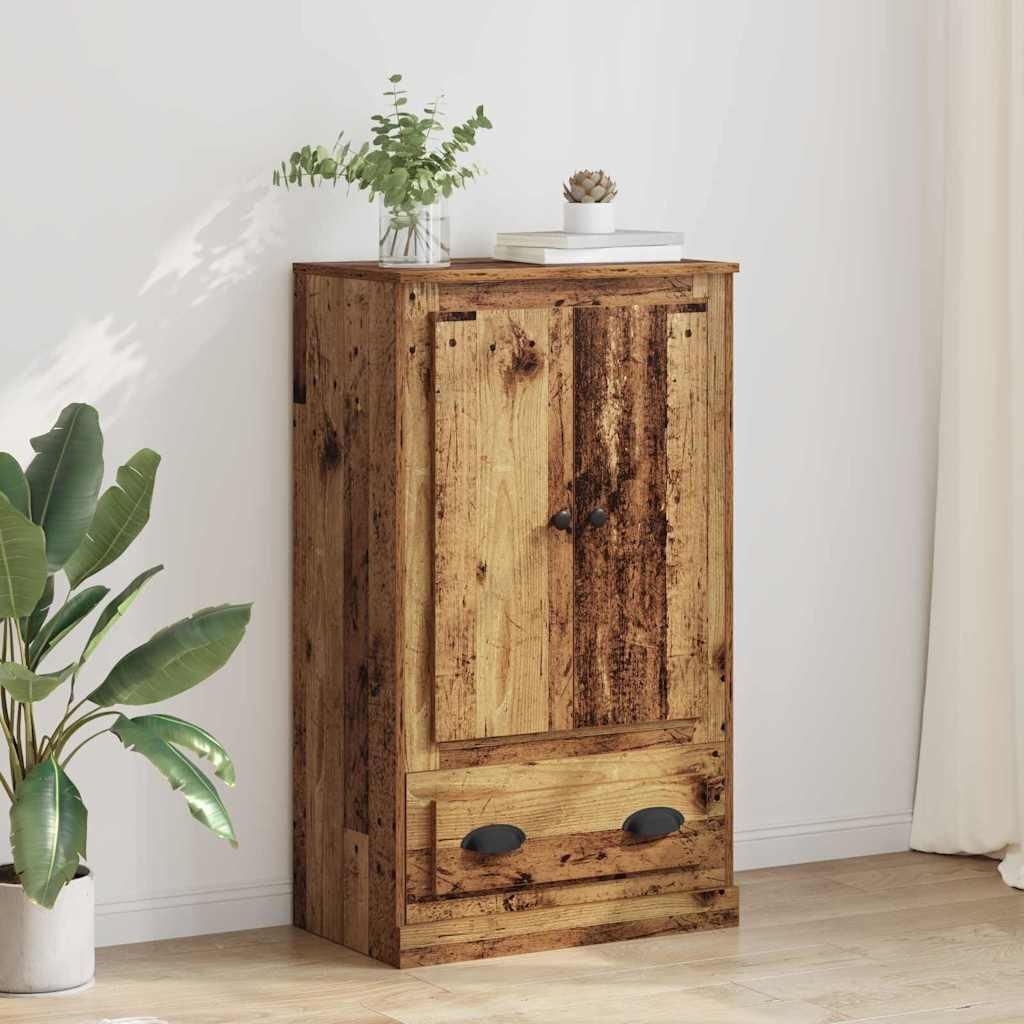 A wooden highboard cabinet with two drawers and two doors, placed against a white wall with a plant to the left and curtains to the right.
