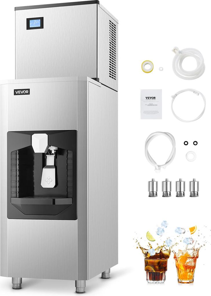 VEVOR Gewerblicher Eisbereiter 226,8 kg/Tag Eismaschine, 80 kg großer Eisvorratsbehälter mit automatischer Eisausgabe von 9 kg/Min., selbstreinig...