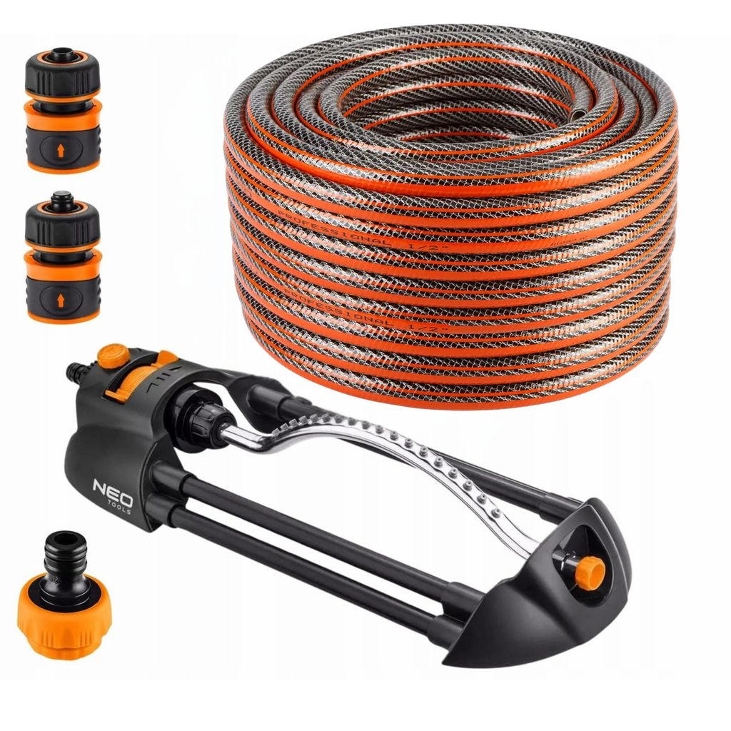 NEO TOOLS 5 tlg. Set: Gartenschlauch Pro (1/2 Zoll, 30 m, 6-lagig, 30 bar) + Oszillierender Sprinkler 14 x 19 m + 3 Stück Anschluss Kit