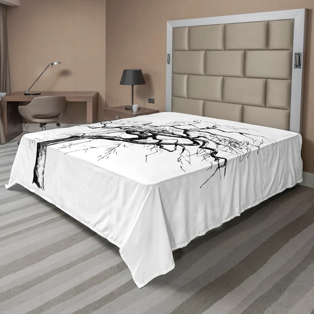 ABAKUHAUS Drap Plat Arbre Automne en Noir et Blanc 244 x 205 cm
