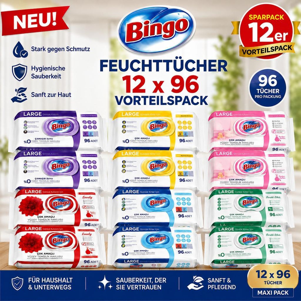 Zestaw chusteczek nawilżanych Bingo, 12 opakowań po 96 Zdjęcie produktu 