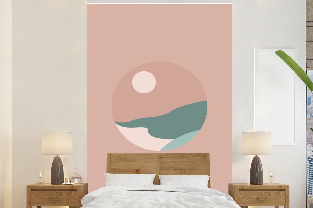 MuchoWow Fototapete für Wohnzimmer oder Schlafzimmer Wandtapete Vinyl Motivtapete Sommer - Sonne - Strand - Rosa - 170x260 cm - Wohnzimmertapete