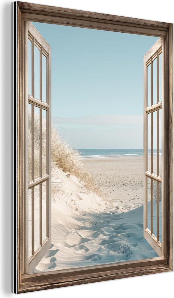 MuchoWow Wanddekoration Metall Metallbild Wandkunst 90x120 cm Aussicht - Hochgras - Dünen - Meer - Landschaft MuchoWow Aluminium Gemälde - Indust...