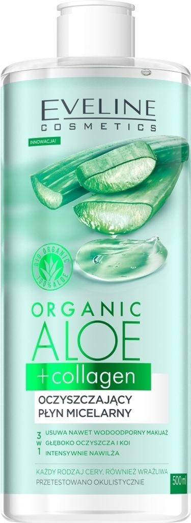 Eveline Kosmetik Bio Aloe + Kollagen Mizellarwasser, 500ml - Sanfte 3-in-1 Reinigung