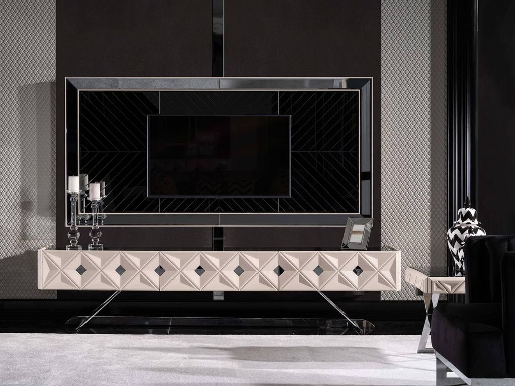 Elegantes Weißes Holz-Metall Wohnzimmer Set mit TV-Schrank und Panel