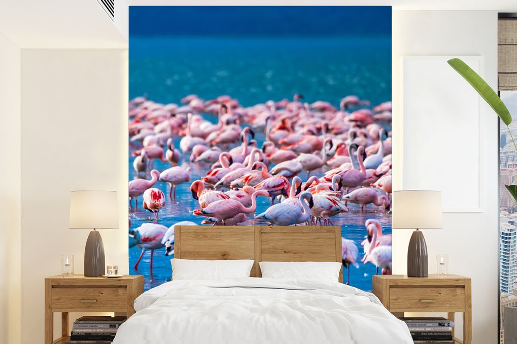 MuchoWow Fototapete für Wohnzimmer oder Schlafzimmer Wandtapete Vinyl Motivtapete Flamingo - Wasser - Tropisch - Rosa - 165x220 cm - Wanddekorat...