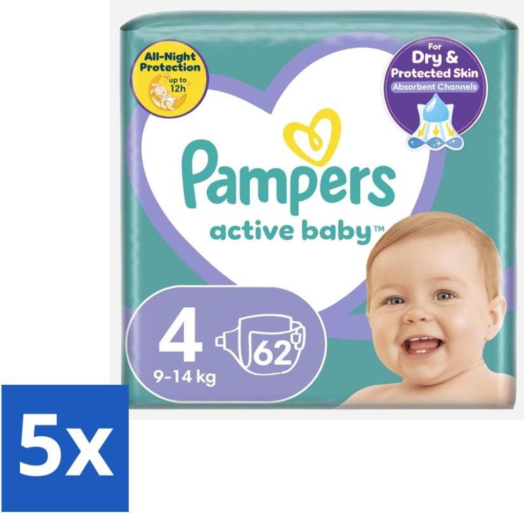 Pampers – Windeln – Active Baby Größe 4 (9-14 kg) – 62 Windeln - Vorteilspack - 5 Stücke