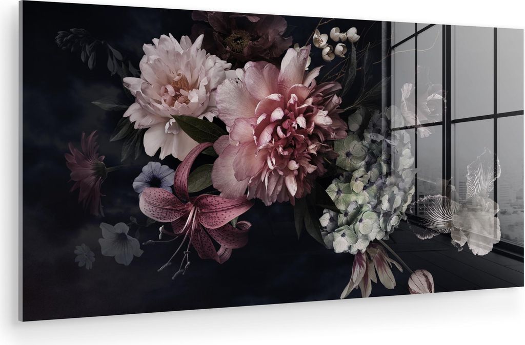 MuchoWow Glasbilder - Bilder auf Wandbild - Foto auf Glas Blumen - Vintage - Pastell - Schwarz - Blumenstrauß 120x60 cm Wanddekoration aus Glas - ...