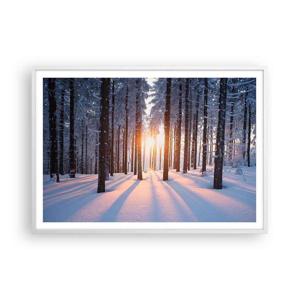 Gerahmtes Poster - Weißer Rahmen - Wald Winter Schnee - 100x70 cm - Wand Bild - Wanddeko - Wandbilder - Kunstposter - Wandposter - Bilderrahmen - ...