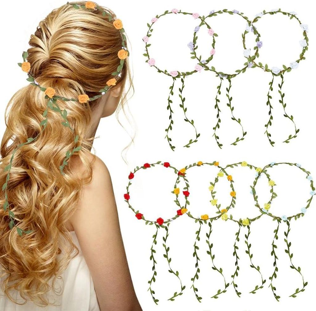 CRASPIRE 7 Stück Blumenkranz Haarband Blumenkrone Kopfschmuck 7 Farben Polyester Boho Bunte Rosenkranz Grüne Blätter Haaraccessoires für Frauen...