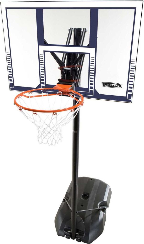A portable basketball hoop with a black pole, a white and blue backboard, and an orange rim.