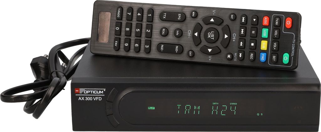A black digital satellite receiver with a remote control on top, set against a white background.