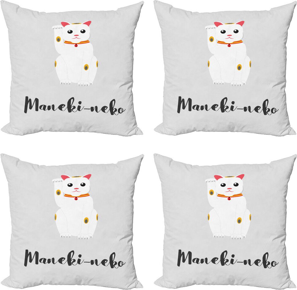 ABAKUHAUS japanische Katze Kissenbezug Set (4 Stück), Erfolg Katze Neko, Moderner Doppelseitiger Digitaldruck, 60 cm x 60 cm, weiß Kokosnuss