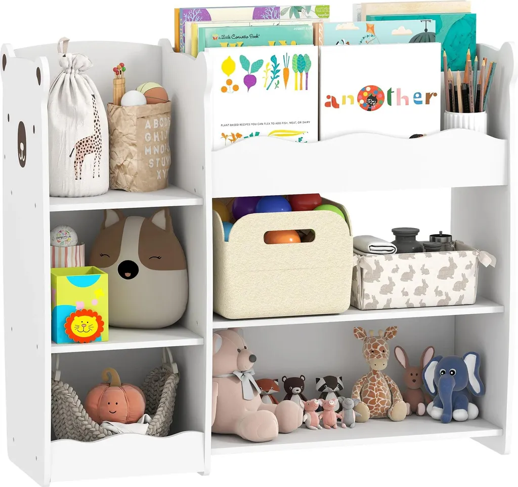 Étagère à jouets pour enfants en bois blanc motif ours avec casiers