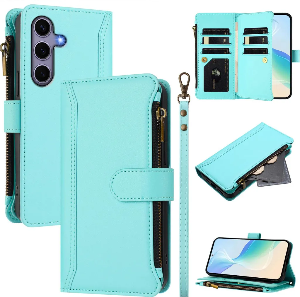 Custodia per Samsung Galaxy S25/S24, con cerniera, portafoglio in Finto cuoio con tasche per carte, supporto e passante per la mano verde menta