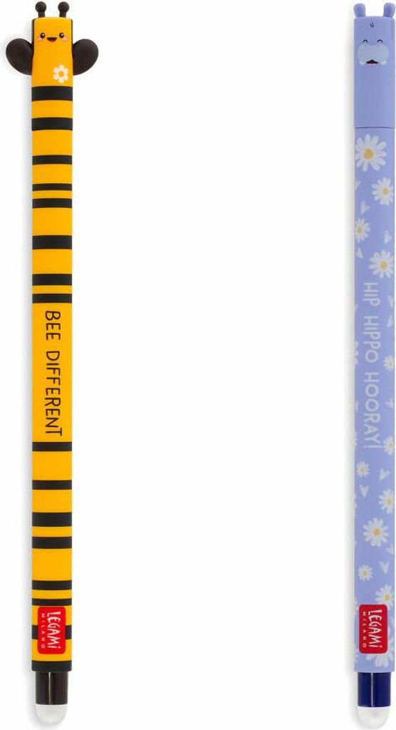 Legami Erasable Gel Pen Set, 2-tlg., löschbare Gelstifte, Gelschreiber, Biene und Nilpferd