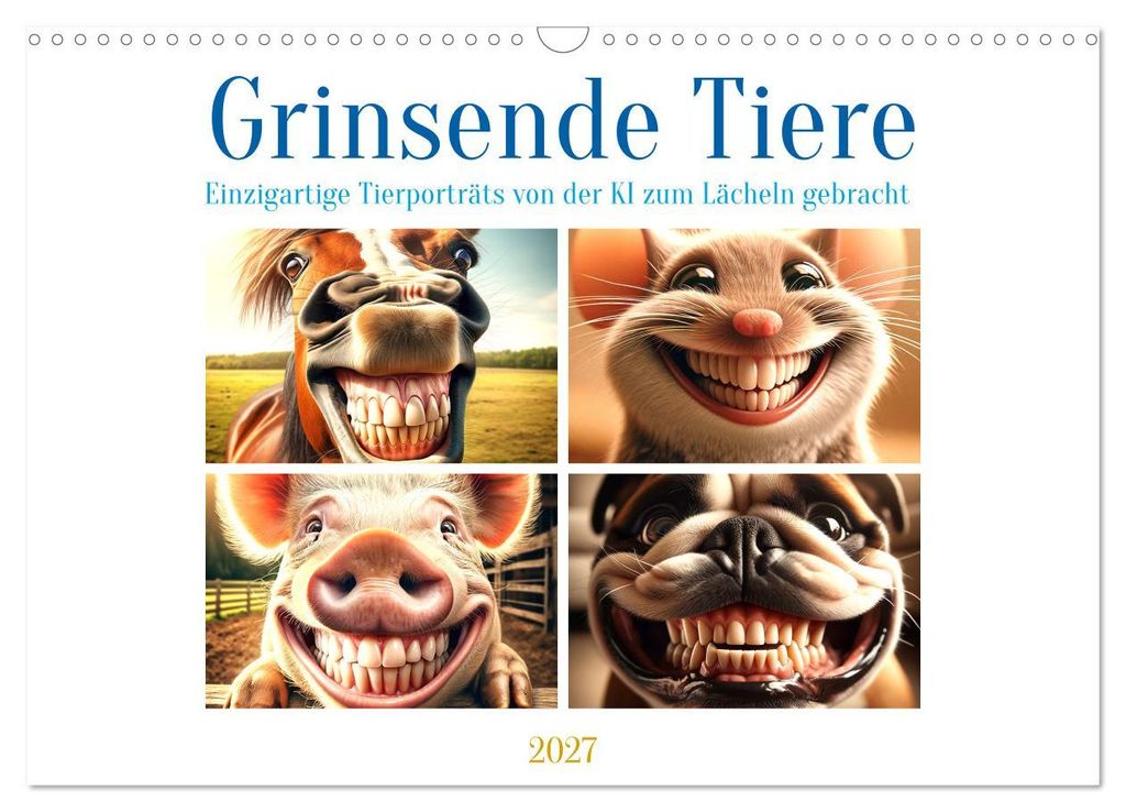 Grinsende Tiere - Tierporträts von der KI zum Lächeln gebracht (Wandkalender 2027 DIN A3 quer), CALVENDO Monatskalender