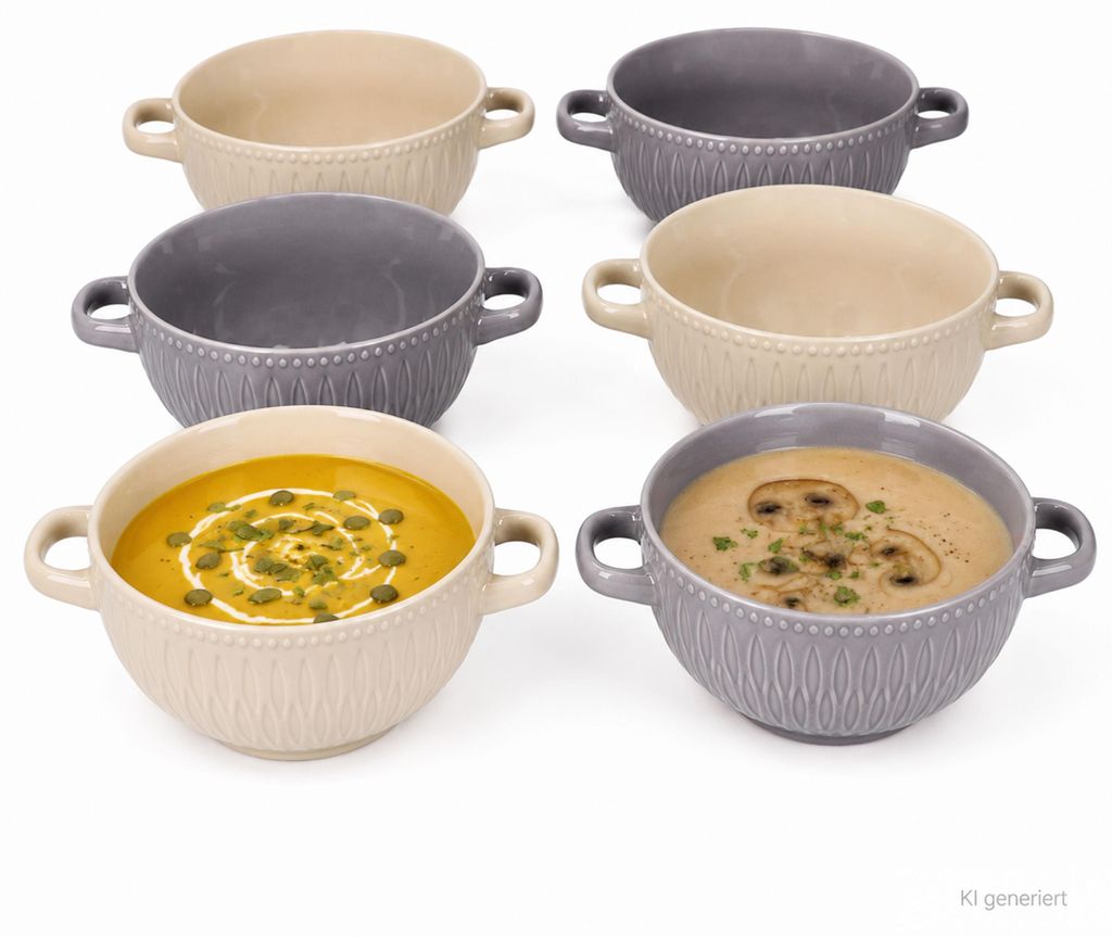 6x Biko Suppentassen mit Henkeln 650ml Keramik Vanille Grau Produktbild 