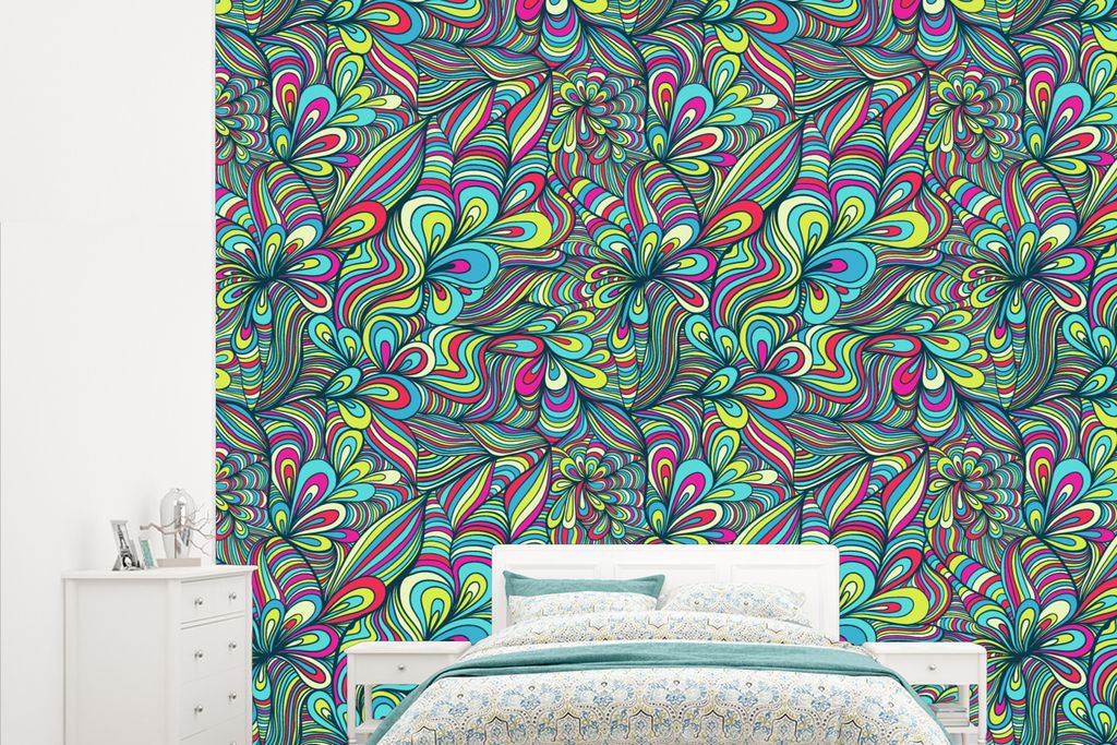 MuchoWow Fototapete für Wohnzimmer oder Schlafzimmer Wandtapete Vinyl Motivtapete Fantasie - Design - Farben - Retro - 315x260 cm - Gemustert