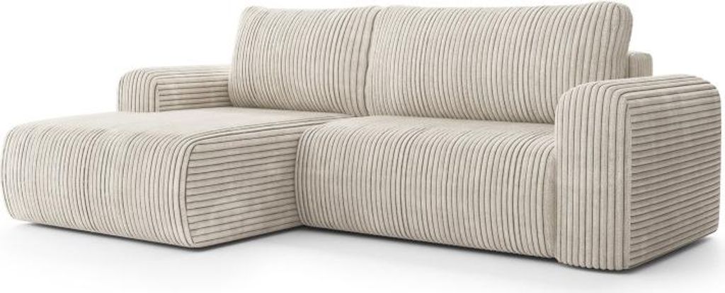 A beige corduroy sectional sofa is shown from a side angle against a white background.