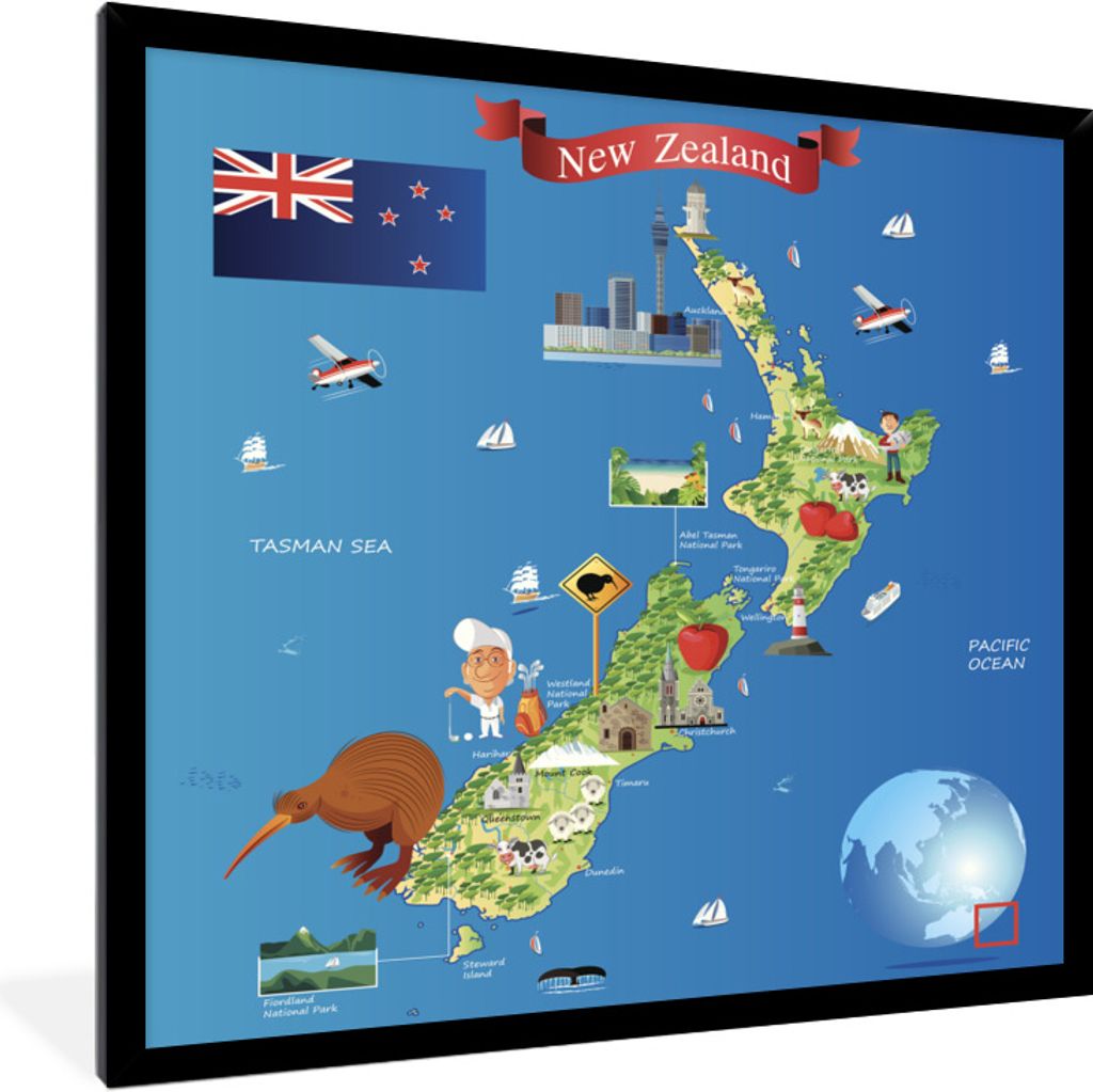 MuchoWow Gerahmtes Poster Eine Cartoon-Illustration der Karte von Neuseeland 40x40 cm - Poster mit Schwarzem Bilderrahmen Wandposter Rahmen Foto ...