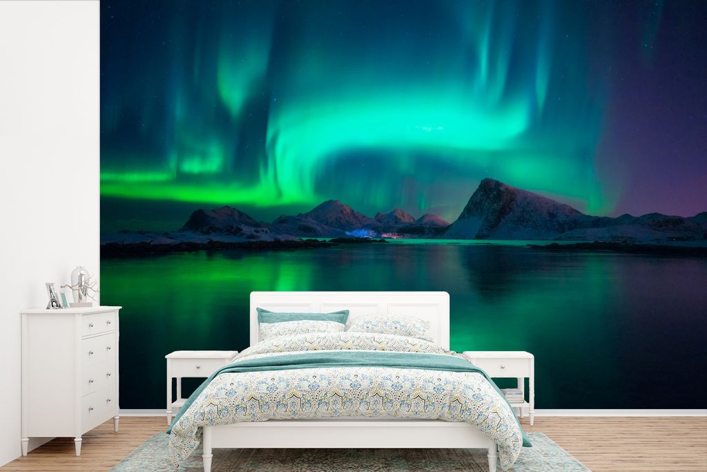 MuchoWow Fototapete für Wohnzimmer oder Schlafzimmer Wandtapete Vinyl Motivtapete Nordlichter - Berge - Norwegen - 330x220 cm - Fototapeten