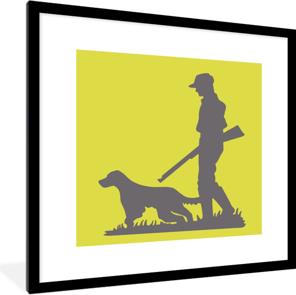 MuchoWow Gerahmtes Poster Eine Illustration eines Jägers und seines Hundes 40x40 cm - Poster mit Schwarzem Bilderrahmen Wandposter Rahmen Foto B...
