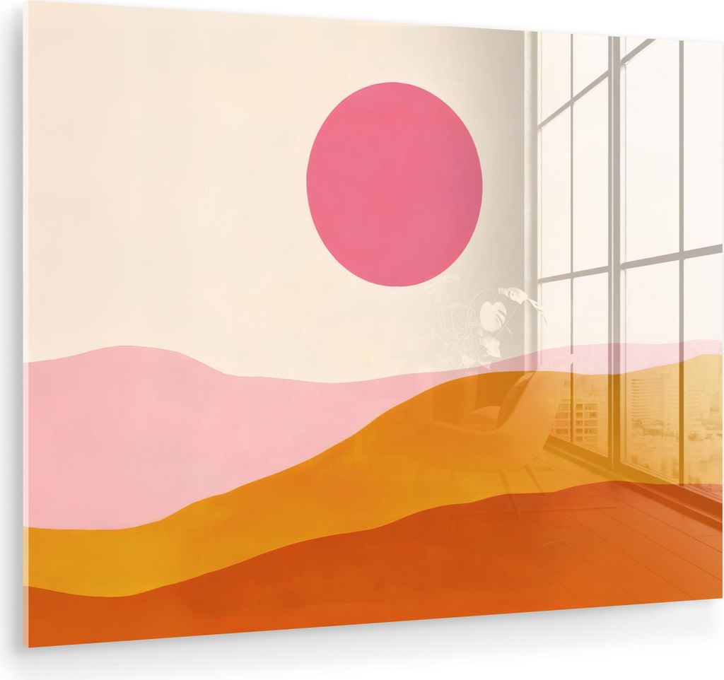 MuchoWow Glasbilder - Bilder auf Wandbild - Foto auf Glas Sonne - Hügel - Abstrakt - Rosa 40x30 cm Wanddekoration aus Glas - Acrylglasbild - Acryl...
